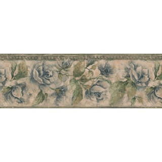 8 in x 15 ft Prepasted Wallpaper Borders - Green Leaf Blue Roses Wall Paper Border