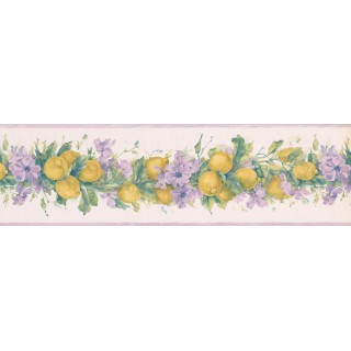 6 1/2 in x 15 ft Prepasted Wallpaper Borders - Purple White Primrose Lemons Wall Paper Border