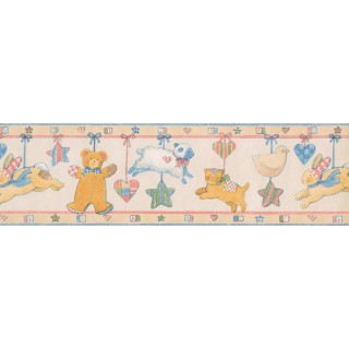 6 1/2 in x 15 ft Prepasted Wallpaper Borders - Blue Yellow Pink Animals Baby Wall Paper Border