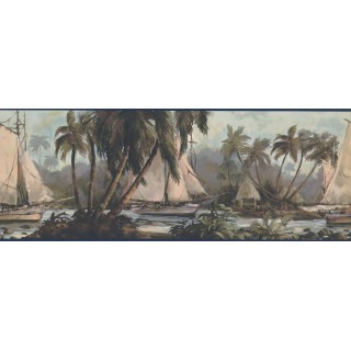 9 in x 15 ft Prepasted Wallpaper Borders - Navy Blue Sailboat Wall Paper Border