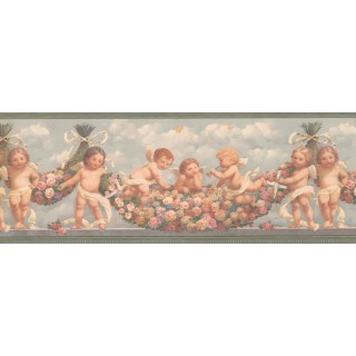 8 1/2 in x 15 ft Prepasted Wallpaper Borders - Green Blue Sky Faded Angels Floral Wall Paper Border